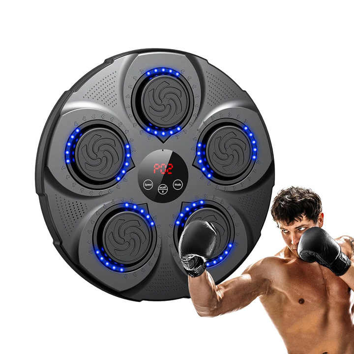 Aparat inteligent de box pentru antrenare reflexe, montat pe perete, cu funcție Bluetooth și difuzor stereo.
