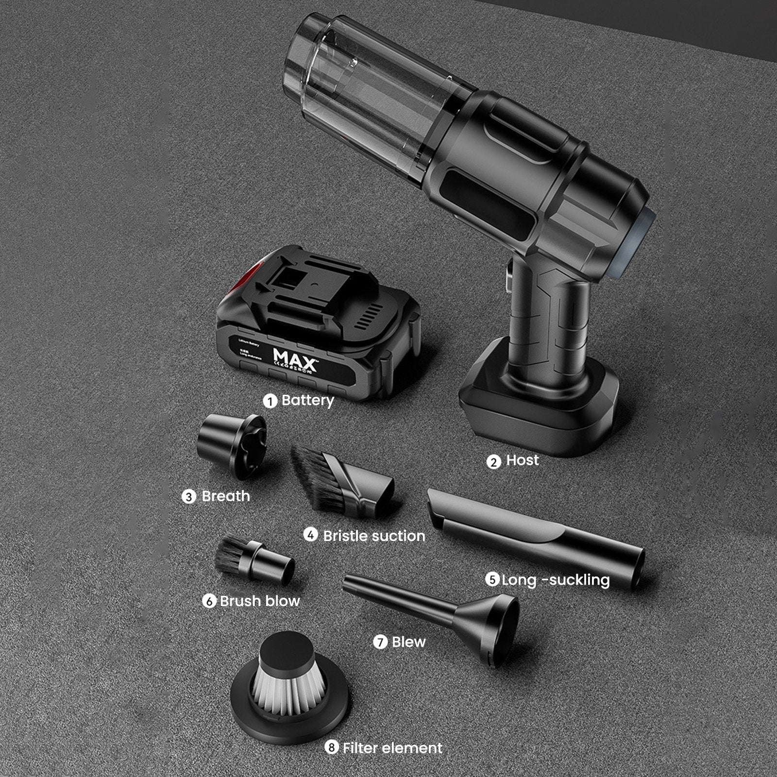 Prezentare detaliată a aspiratorului portabil, evidențiind motorul brushless și accesoriile incluse.