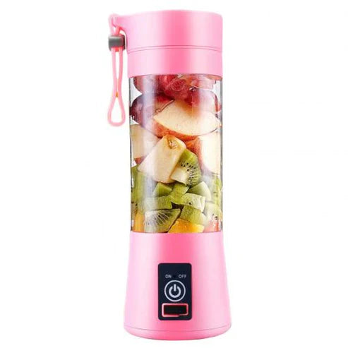 "Blender portabil cu încărcare USB, culoare roz, utilizare ușoară pentru fructe și legume."