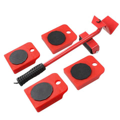 Dispozitiv din oțel inoxidabil pentru mutat mobilă - set complet - Set de unelte roșii pentru mutarea mobilei, format dintr-o pârghie cu mâner ergonomic și patru suporturi cu suprafață anti-alunecare.