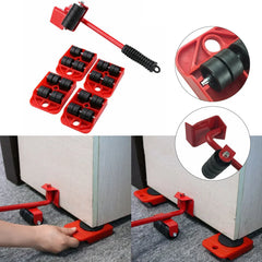 Set de mutat mobilă cu rotițe și pârghie - Dispozitiv roșu din oțel inoxidabil, prevăzut cu roți și mâner ergonomic, utilizat pentru a ridica și muta piese de mobilier grele.