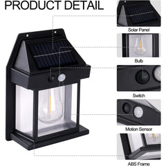 Lampa solară de perete cu senzor de mișcare și panou solar, prezentare detaliată a componentelor principale.