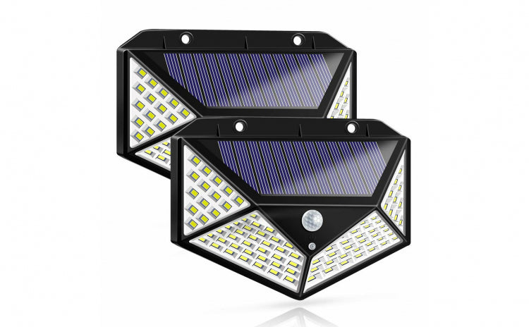 Set de 2 lămpi solare cu 100 LED-uri și senzor de mișcare, panou solar integrat, iluminare pe 4 fețe