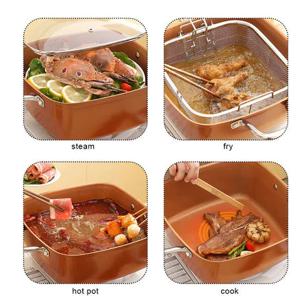 Tigaie pătrată multifuncțională – potrivită pentru gătit la abur, prăjire, hot pot și preparate la cuptor.