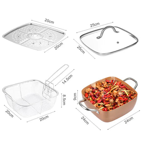 Dimensiuni și componente ale setului tigaie pătrată 24 cm – capac de sticlă, sită de prăjire și tavă pentru abur.