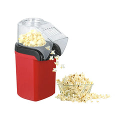 Aparat pentru popcorn roșu, preparând popcorn proaspăt direct în bol.