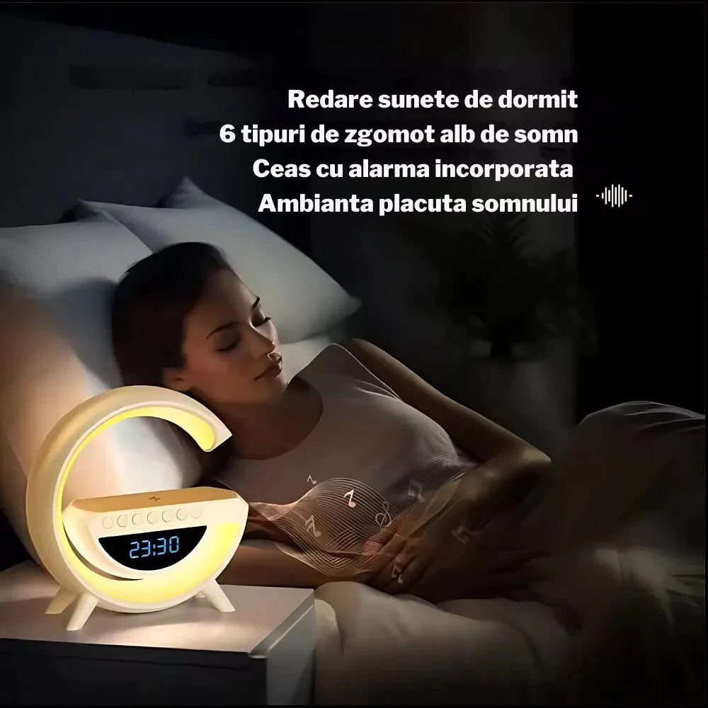 Boxa Multifunctionala G, Lampa LED RGB Smart,cu ceas, Boxa Bluetooth, Incarcator Telefon Wireless, Lumina RGB - Promagg.ro