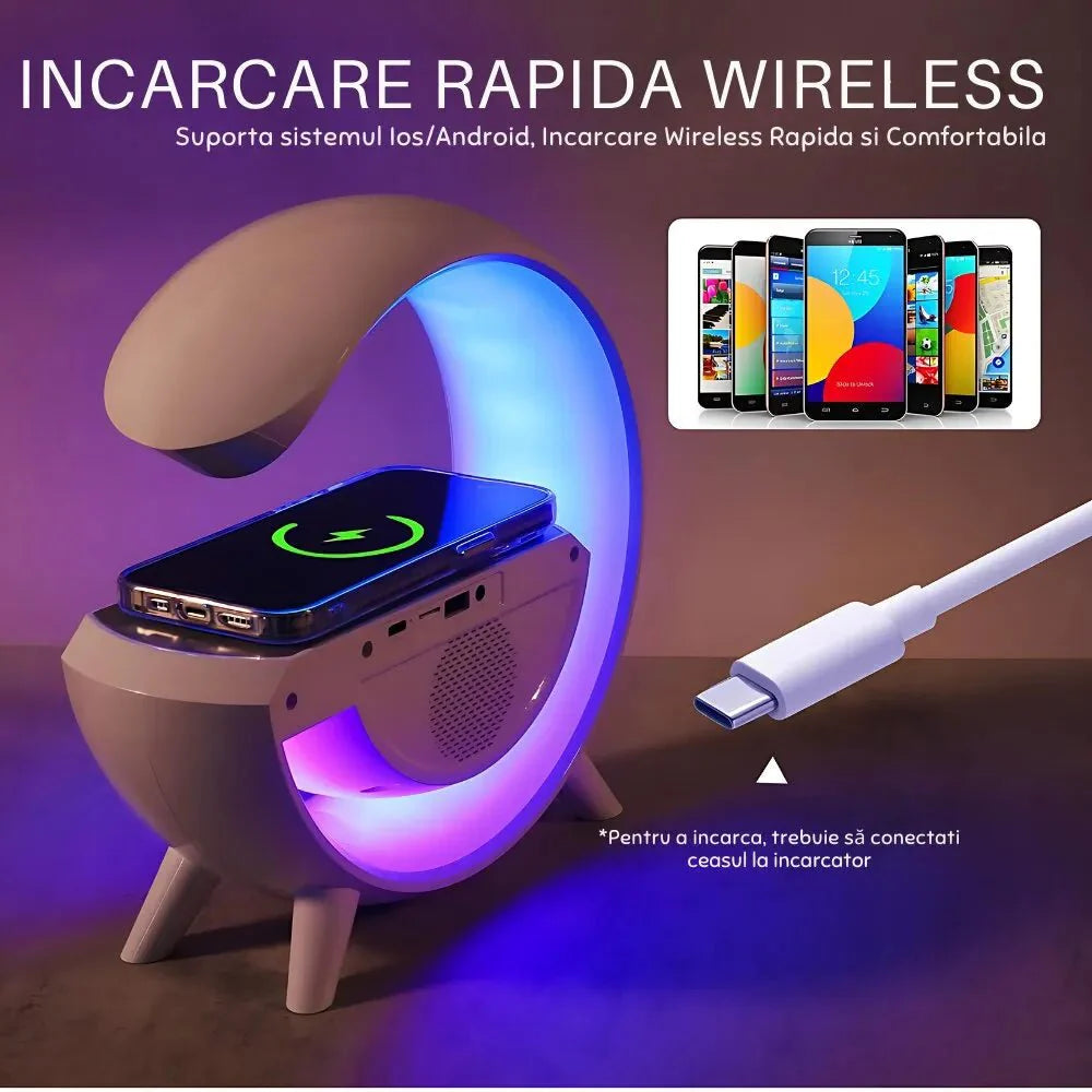 Boxa Multifunctionala G, Lampa LED RGB Smart,cu ceas, Boxa Bluetooth, Incarcator Telefon Wireless, Lumina RGB - Promagg.ro