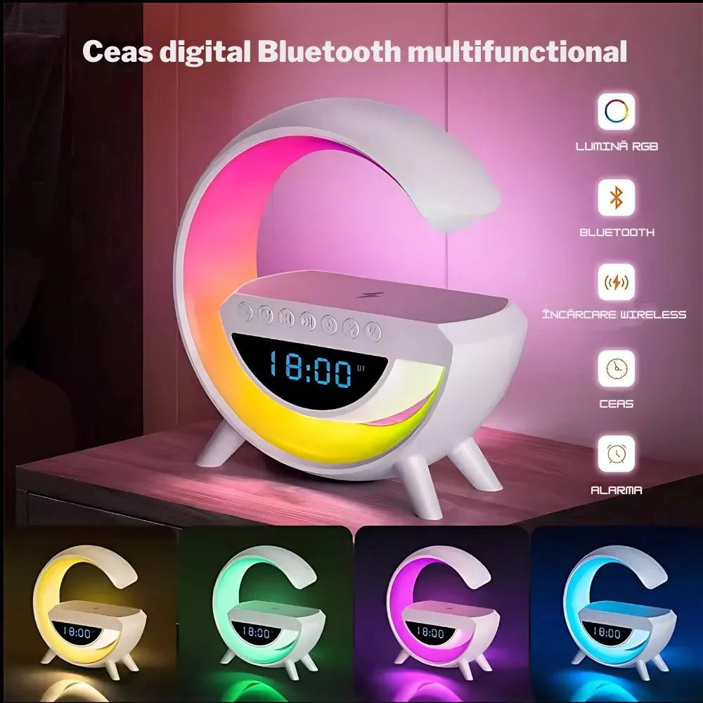 Boxa Multifunctionala G, Lampa LED RGB Smart,cu ceas, Boxa Bluetooth, Incarcator Telefon Wireless, Lumina RGB - Promagg.ro