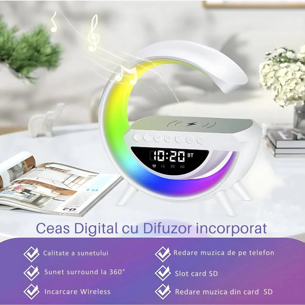Boxa Multifunctionala G, Lampa LED RGB Smart,cu ceas, Boxa Bluetooth, Incarcator Telefon Wireless, Lumina RGB - Promagg.ro