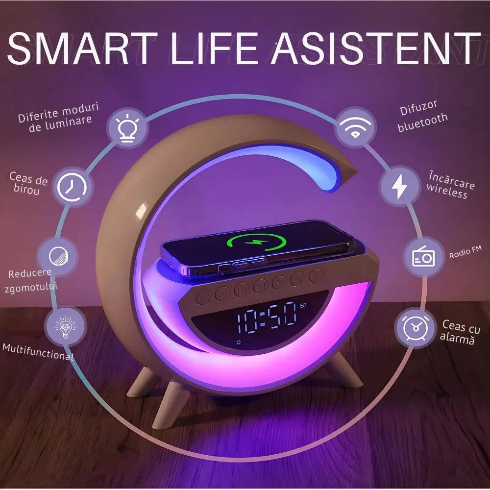 Boxa Multifunctionala G, Lampa LED RGB Smart,cu ceas, Boxa Bluetooth, Incarcator Telefon Wireless, Lumina RGB - Promagg.ro