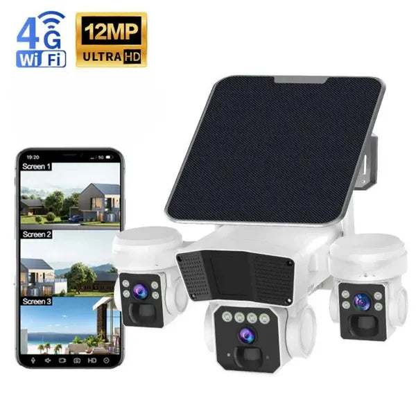 Cameră de Supraveghere Solară 12MP cu Multi-Lentile 4G
