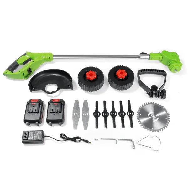 Set complet de accesorii pentru motocoasă, incluzând lame de tăiere, acumulatori, încărcător și roți.