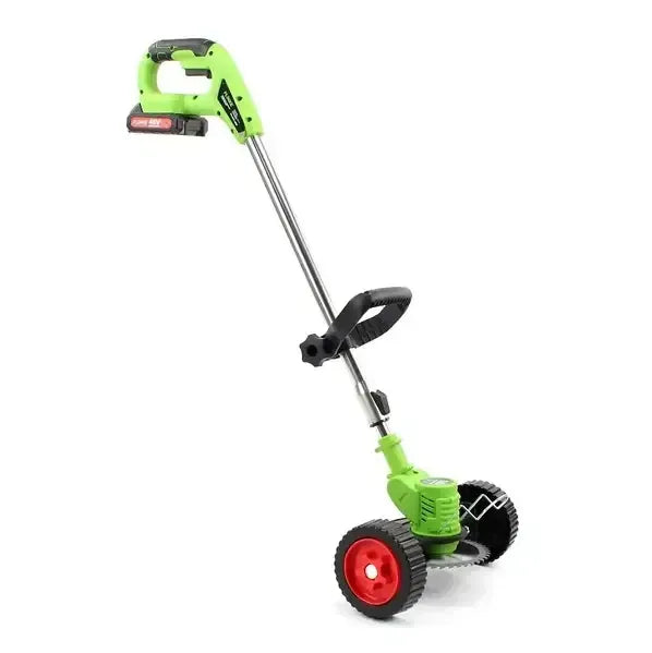 Motocoasa electrică în poziție verticală, pregătită pentru utilizare, cu design ergonomic și mâner ajustabil.