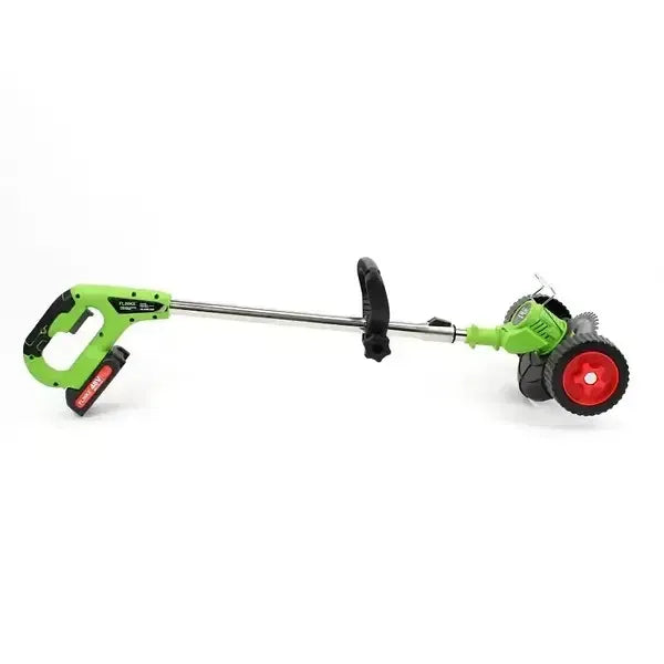 Profil lateral al motocoasei electrice 48V, evidențiind mânerul ergonomic și bateria reîncărcabilă.