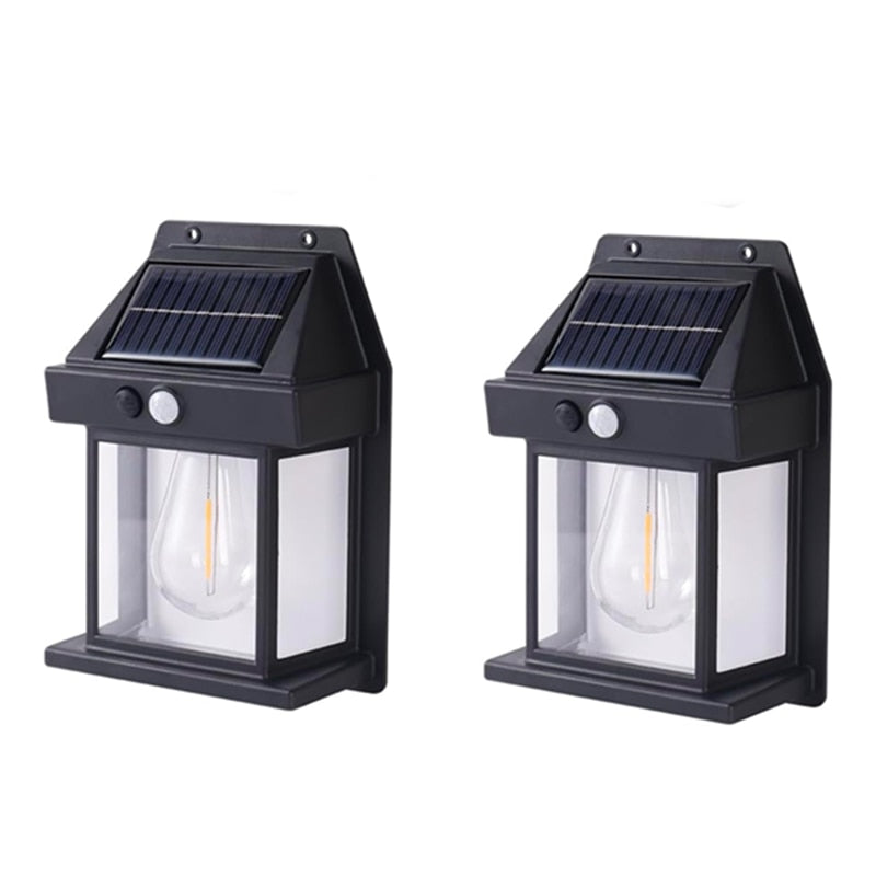 Set de 2 lămpi solare de perete, ideale pentru iluminarea fațadelor, teraselor și grădinilor.