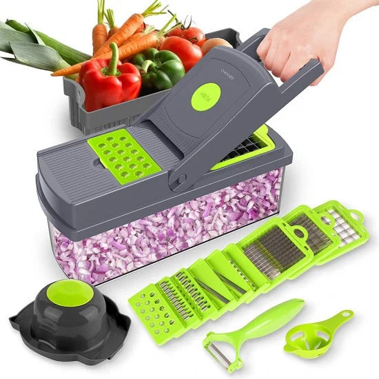 Tocător manual de legume și fructe cu recipient integrat, accesorii pentru feliere și curățare, și un design ergonomic.
