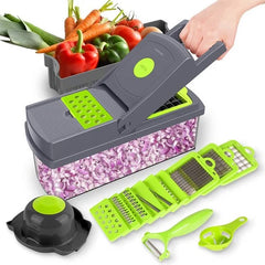 Tocător manual de legume și fructe cu recipient integrat, accesorii pentru feliere și curățare, și un design ergonomic.