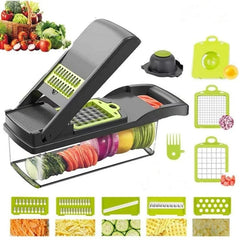 Tocător legume 16 în 1 cu recipient transparent, accesorii pentru tăiere cuburi, felii și răzătoare, ideal pentru preparare rapidă.