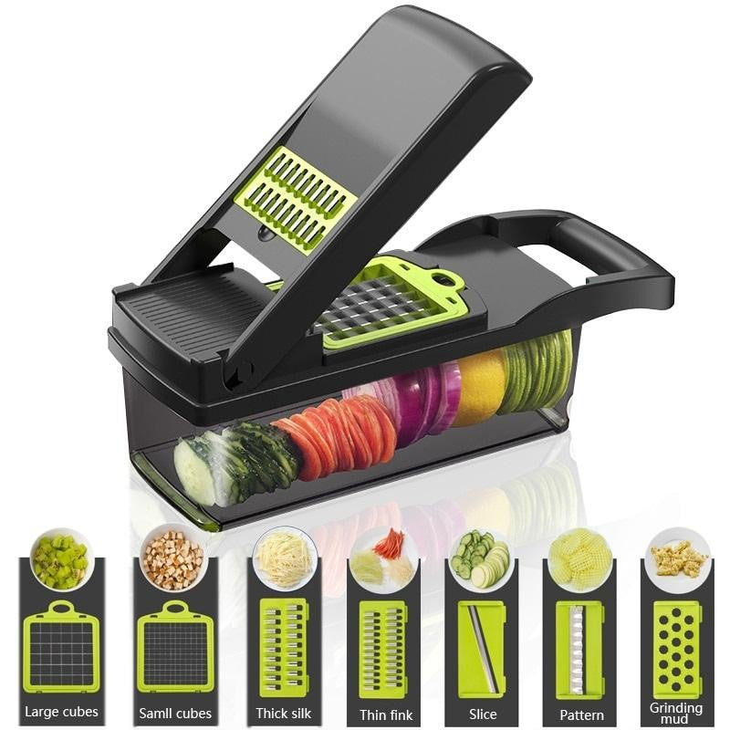 Tocător legume în utilizare, arătând cum se poate tăia și depozita legumele într-un recipient ergonomic.